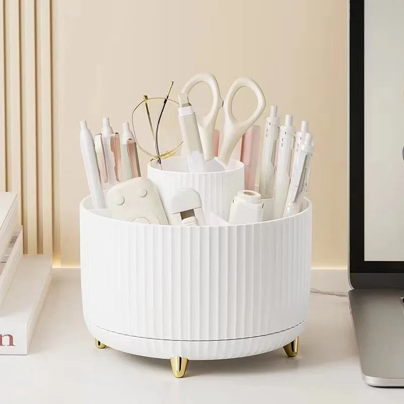 360° Rotating Makeup Organizer - 1pc Plastic Cosmetic Storage with 5 Compartments - Multi-Functional Holder for Brushes