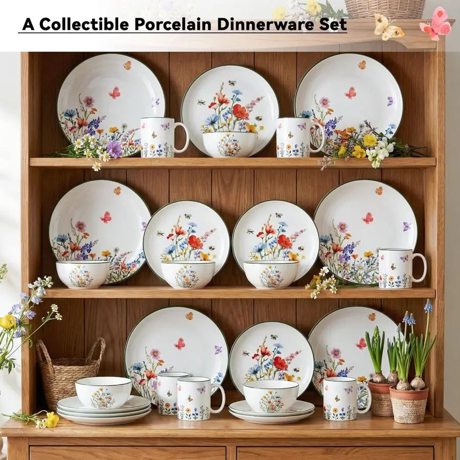 16 Pcs Wildflower Ceramic Dinnerware Set for 4 Guest Floral Dish Set Spring Butterfly Dinner Plates Salad Plates Bowl Mug