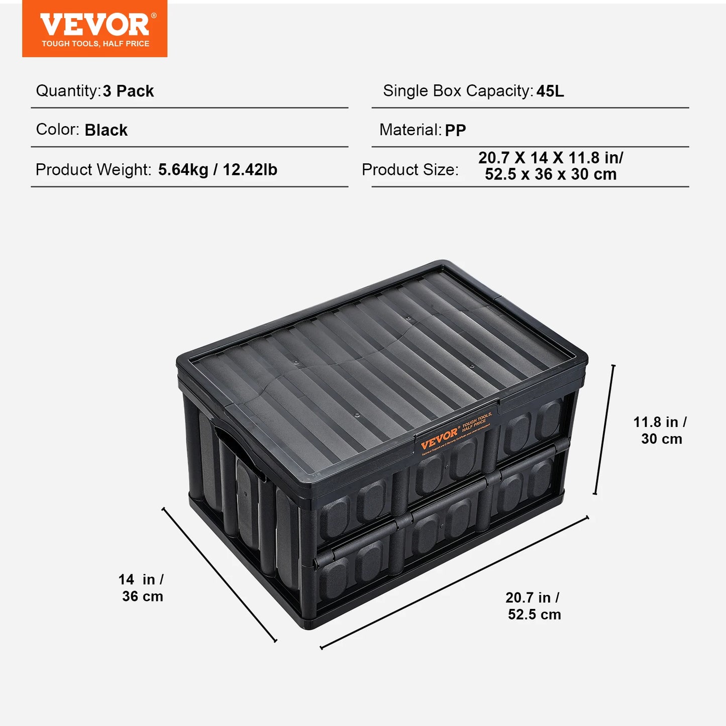 Set of 3 45L/65L Collapsible Storage Bins Folding Stackable Utility Garage Crates with Lids for Clothes Snack Grocery