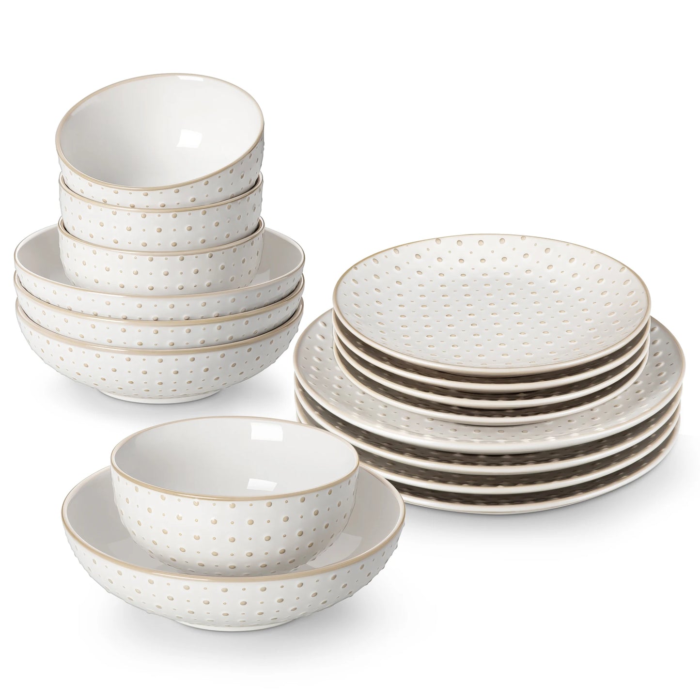 16/32 Piece Stoneware Plates Dinner Set White Embossment Dinnerware Set with 6pcs Dinner plate/Dessert/Bowl/Soup