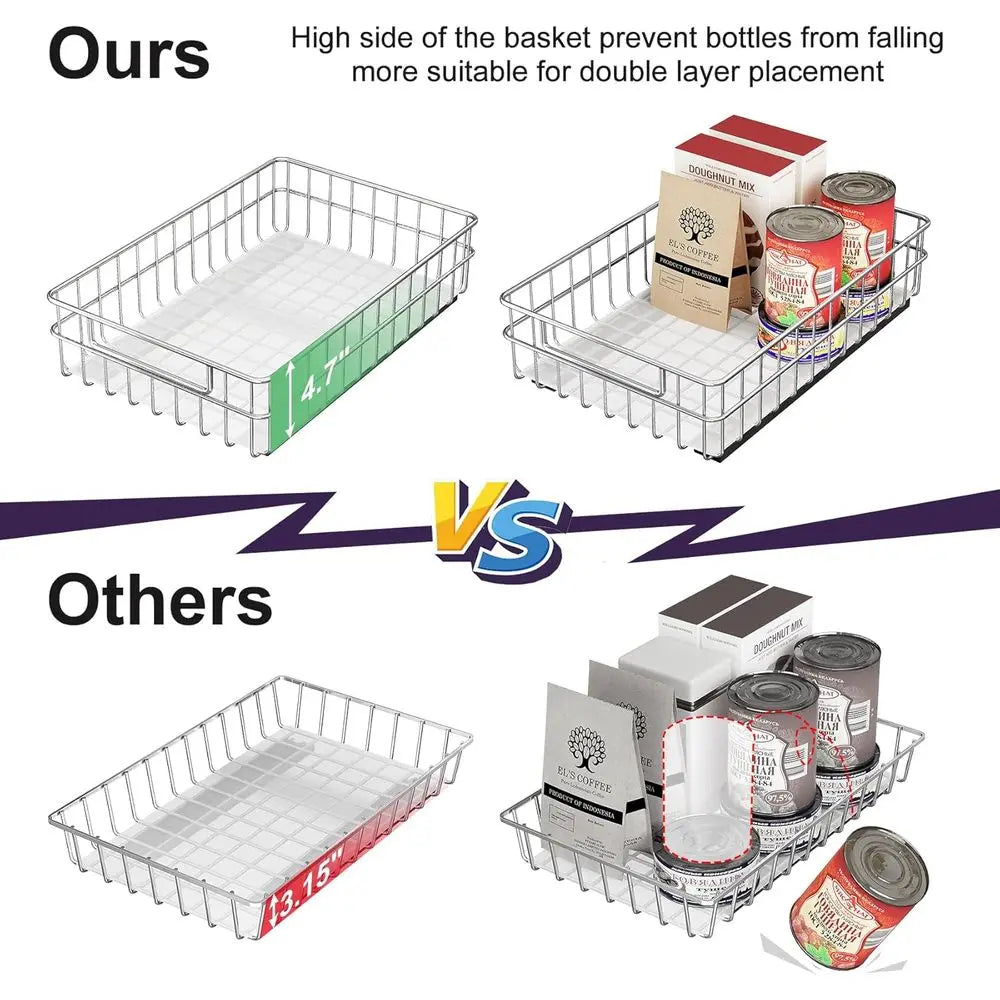 Pull out Cabinet Organizer, Stainless Steel 2-Pack Slide out Drawer with Silent Full-Extension Slides, Adhesive Roll out Can Spi
