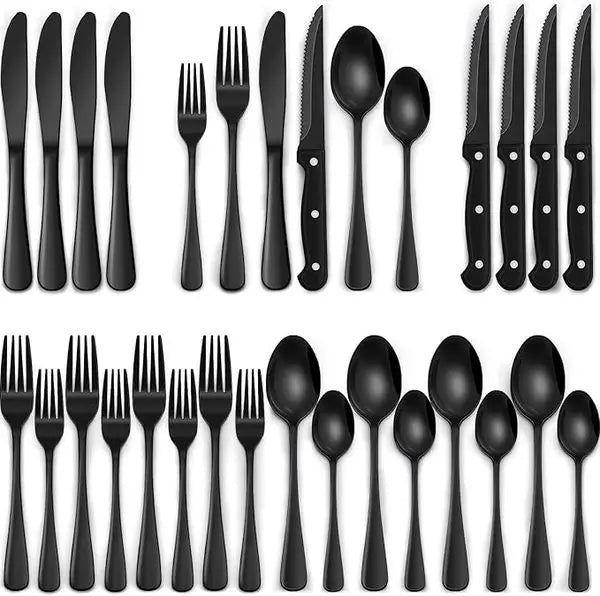 24-Piece Black Silverware Set with Steak Knives, Black Flatware Set for 4, Food-Grade StainlSteel Tableware Cutlery Set