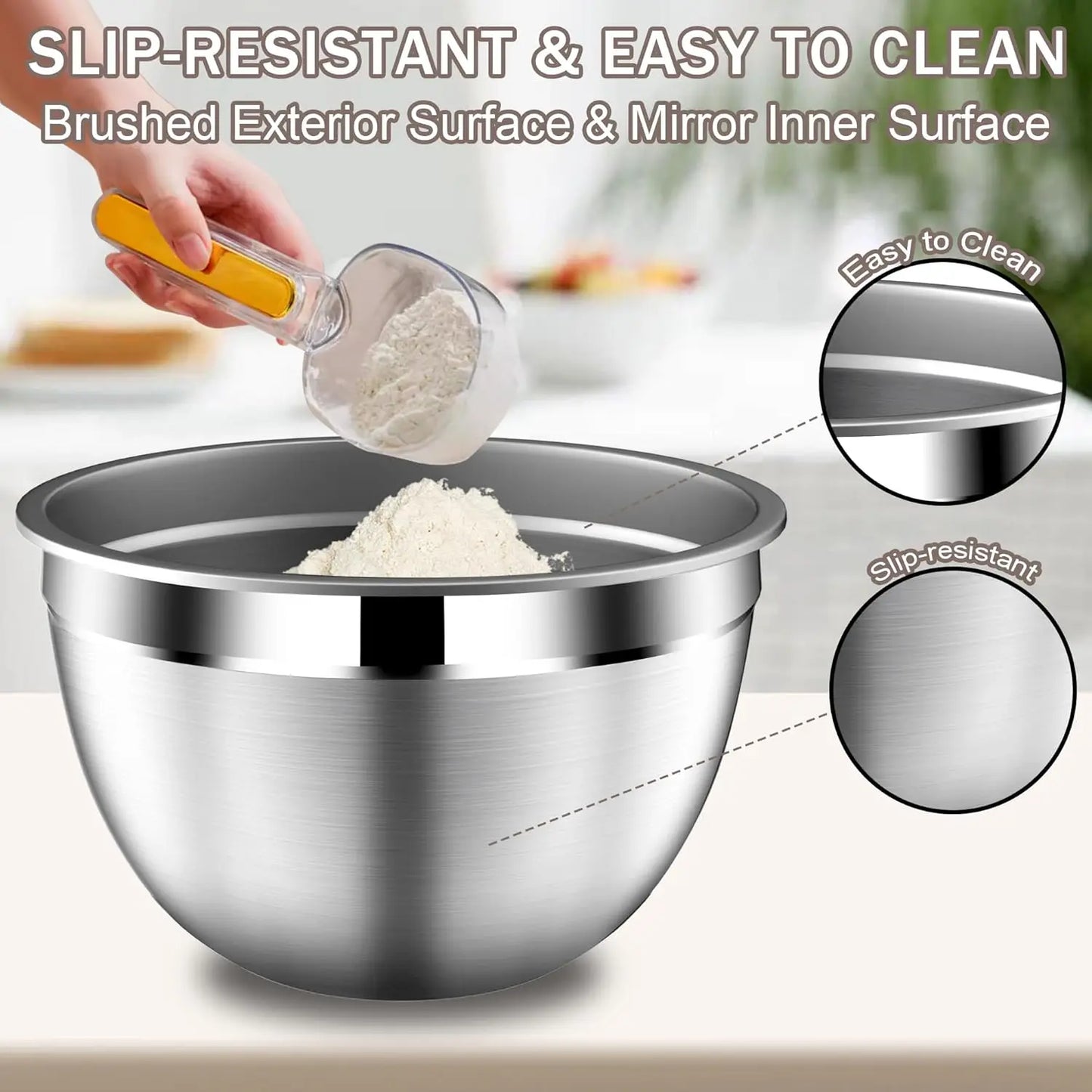 Stainless Steel Mixing Bowls with Lids, Stackable Set Includes Strainer, 5-Piece Beige Kitchenware