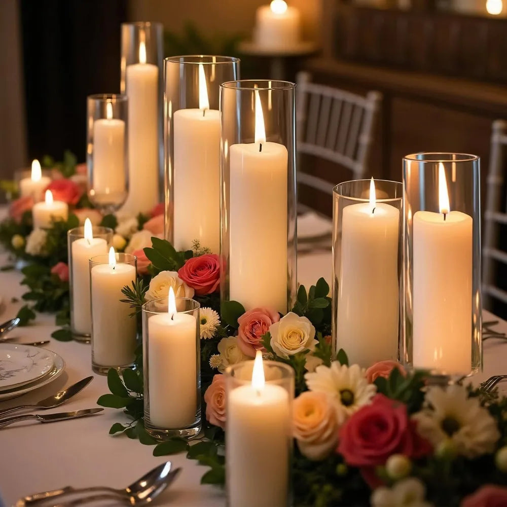 36 PCS Ivory White Pillar Candles with Glass Candle Holders Clear Hurricane Candle Holders Glass Cylinder Vases for Centerpieces