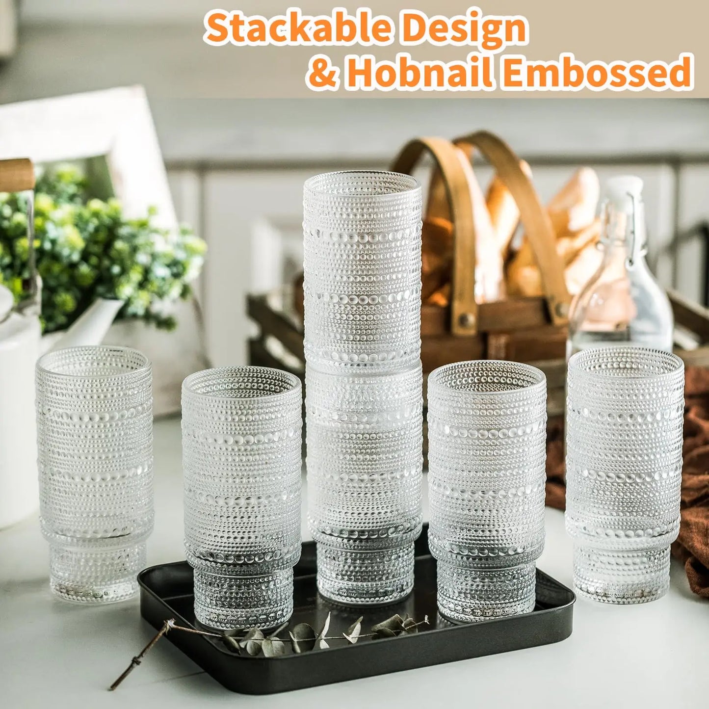 12PCS Hobnail Drinking Glasses Old Fashioned Glasses 16 Oz Highball & Whiskey Bar Glasses For Cocktails Smoothies and Juice