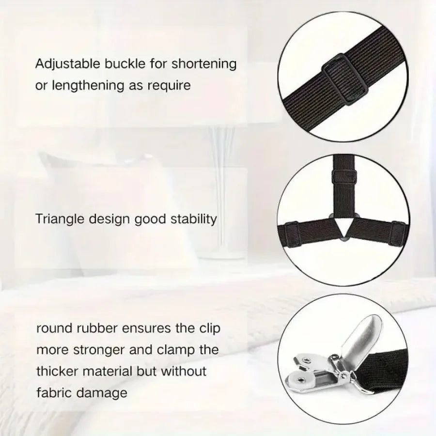 4 Piece Black Anti Slip Triangular Fixator with Adjustable Elasticity, Suitable for Fixing Bed Sheets, Tablecloths, Etc