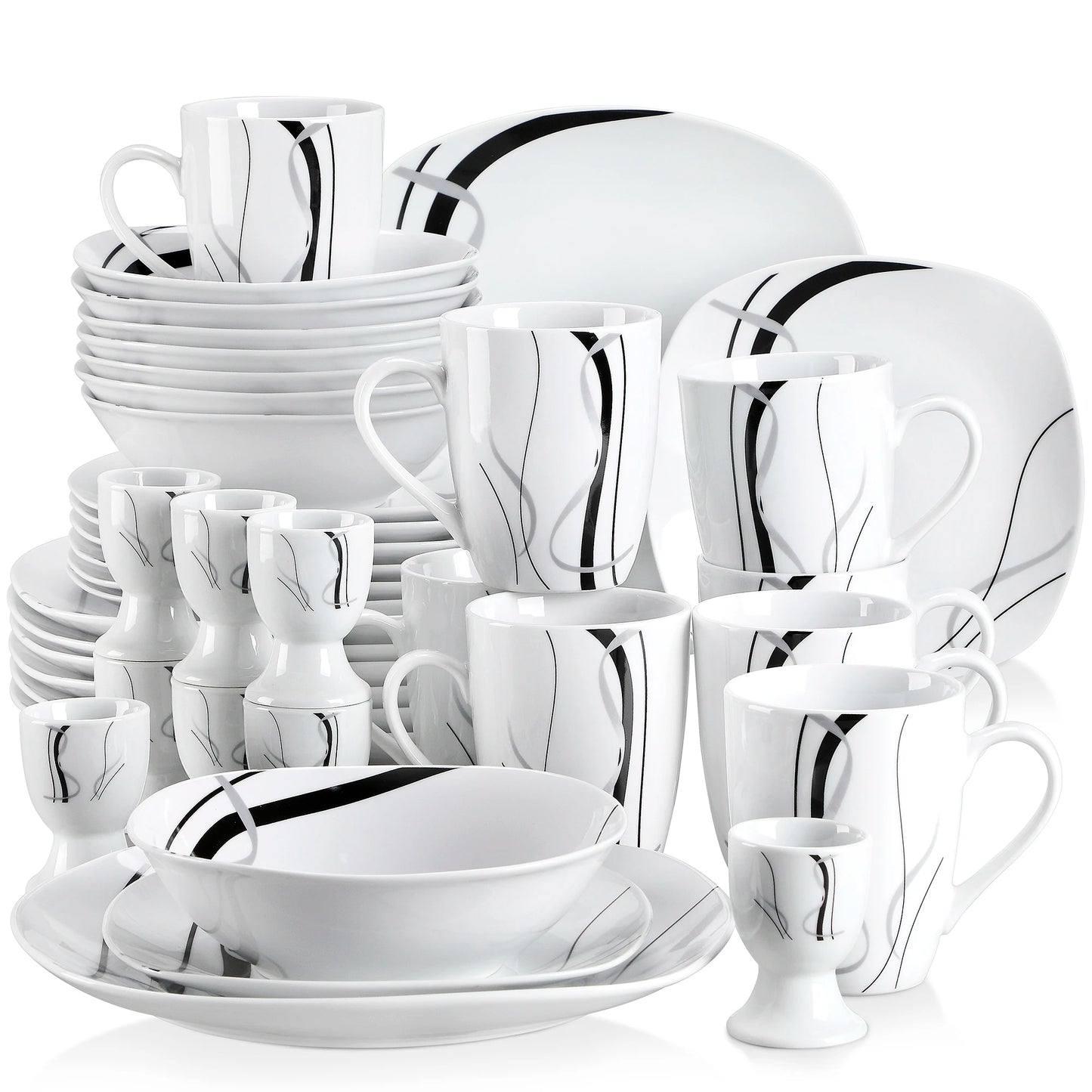 VEWEET FIONA 20/40 Piece Black Stripe Porcelain Dinner Kitchen Plate Combi-Set with Egg Cup/Mug/Bowl/Dessert Plate/Dinner Plate