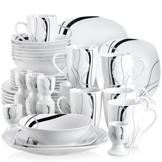 VEWEET FIONA 20/40 Piece Black Stripe Porcelain Dinner Kitchen Plate Combi-Set with Egg Cup/Mug/Bowl/Dessert Plate/Dinner Plate