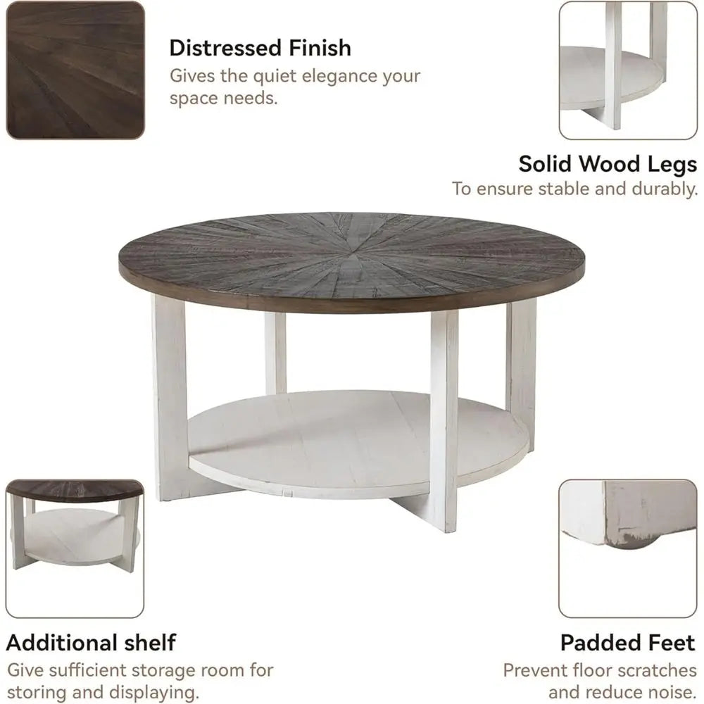 Rustic farmhouse Coffee Table with Distressed Wood Top, Large Circle Table, Brown,