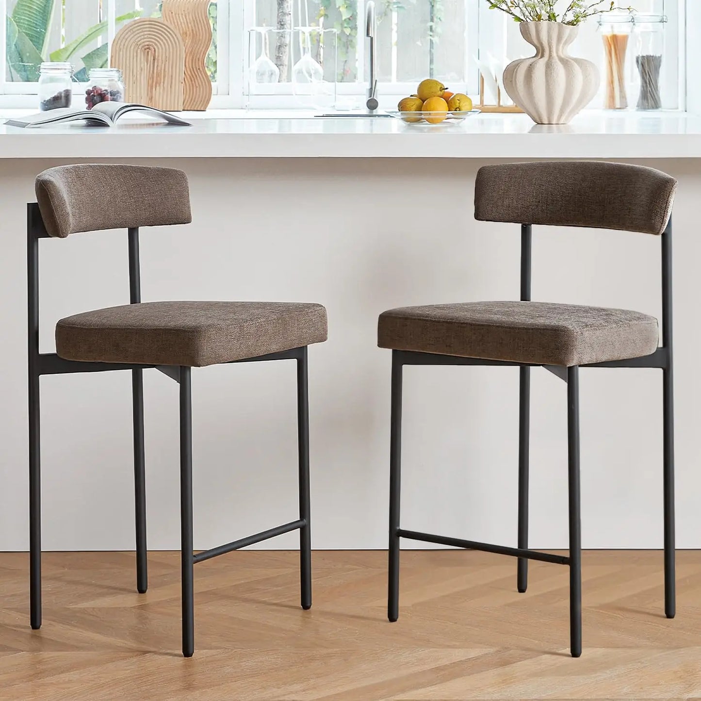 Brown Modern Bar Stools Set of 2, 24 Inch Faux Leather Counter Stools with Curved Backrest, Counter Height Bar Stool, Customized