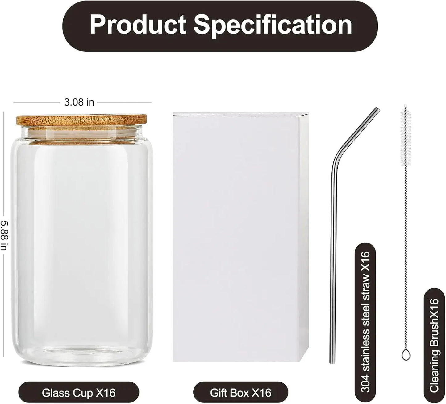 16Pcs Glass Cups with Bamboo Lids & Straws, 16Oz Reusable Tumblers for Coffee, Tea, Juice - Ideal Gift Set
