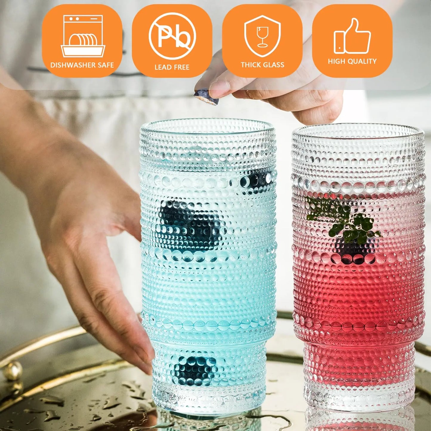 12PCS Hobnail Drinking Glasses Old Fashioned Glasses 16 Oz Highball & Whiskey Bar Glasses For Cocktails Smoothies and Juice