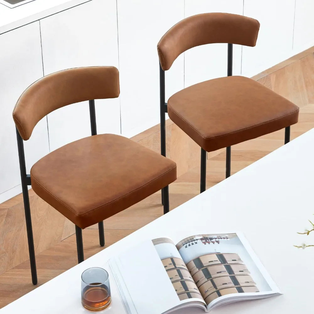 Brown Modern Bar Stools Set of 2, 24 Inch Faux Leather Counter Stools with Curved Backrest, Counter Height Bar Stool, Customized