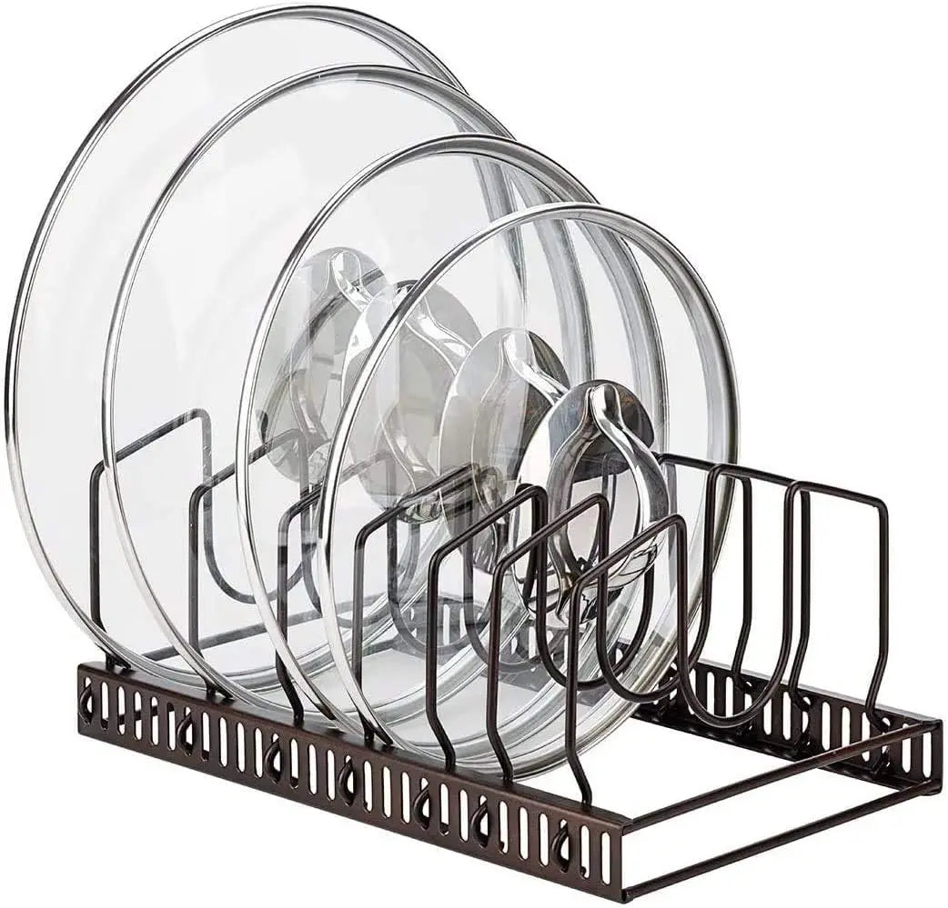 Pot Lids Organizer Rack for Cabinet and Countertop, 7+ Pan Lids and Bakeware Organizer Rack Holder with 7 Compartments