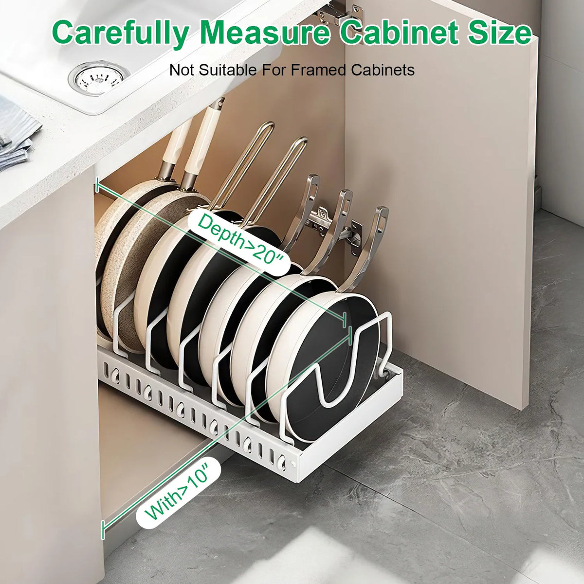 Adjustable Carbon Steel Sliding Cookware Storage Rack, Anti-Rust Pull Out Pan Lid Holder for Cutting Boards Baking Sheets Bakeware-white