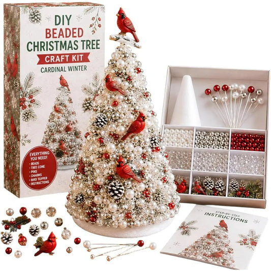 DIY Beaded Christmas Tree Craft Kit, Cardinal Winter Bird Mini Desktop Christmas Tree Making Set, Complete Beads and Pinecone Decoration Supplies for Christmas Desktop Home Decor