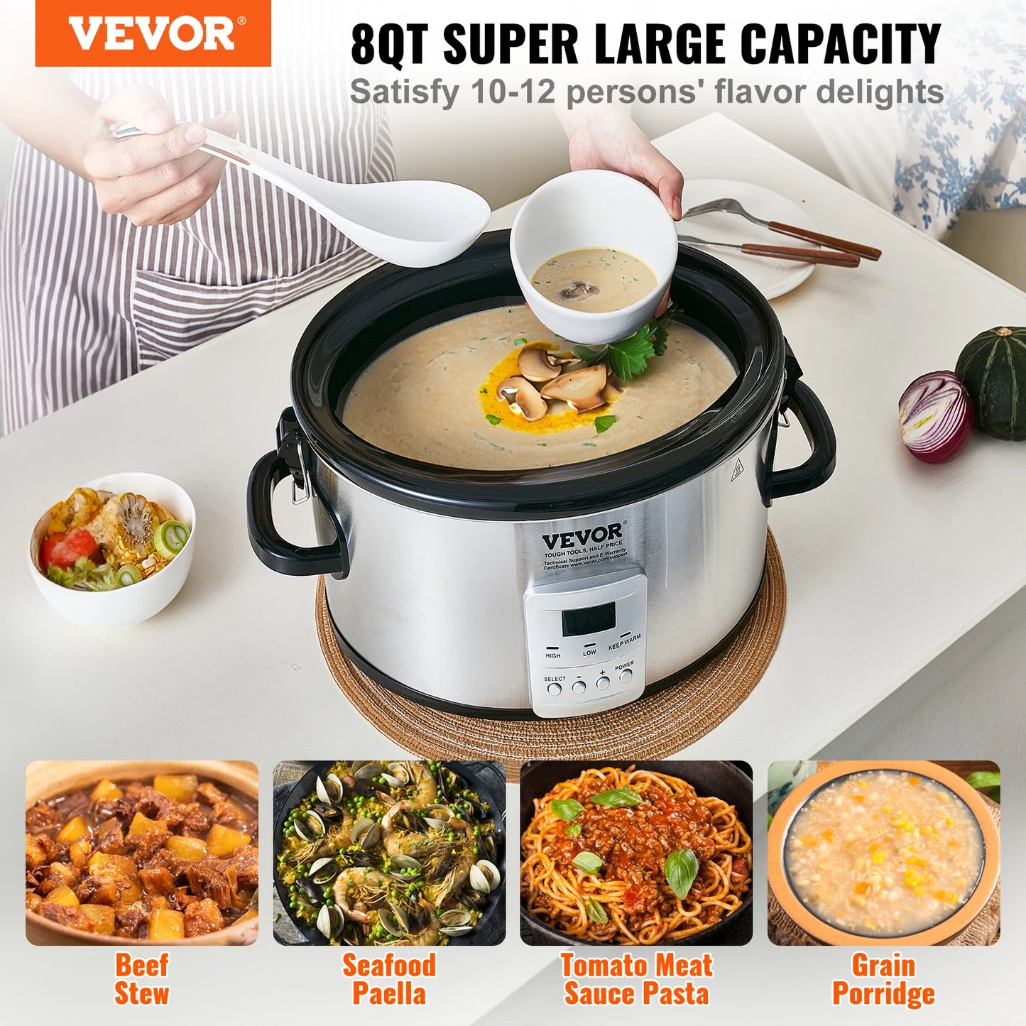VEVOR Slow Cooker Digital Slow Cookers Locking Lid Ceramic Inner Pot for Home/Commercial Use
