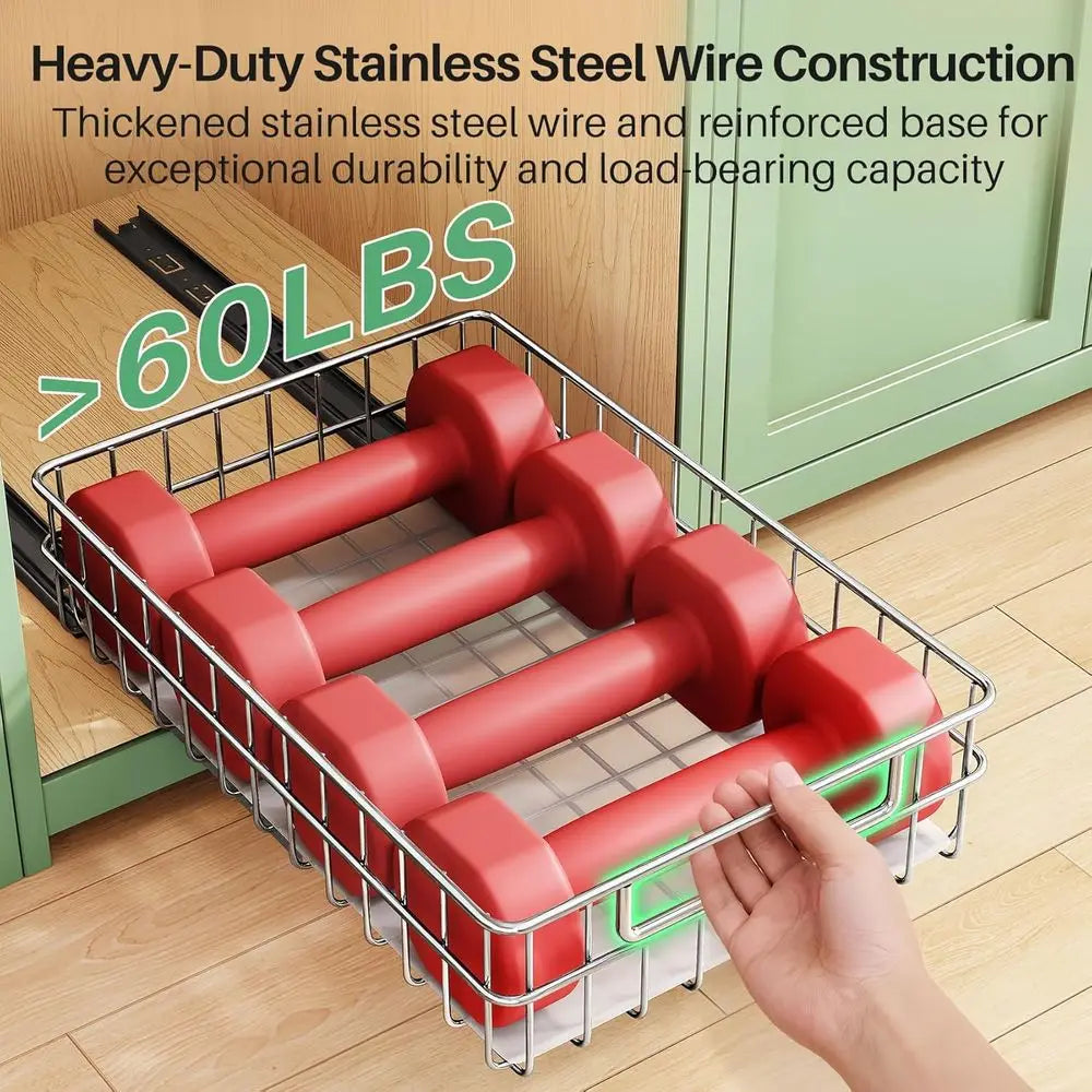 Pull out Cabinet Organizer, Stainless Steel 2-Pack Slide out Drawer with Silent Full-Extension Slides, Adhesive Roll out Can Spi
