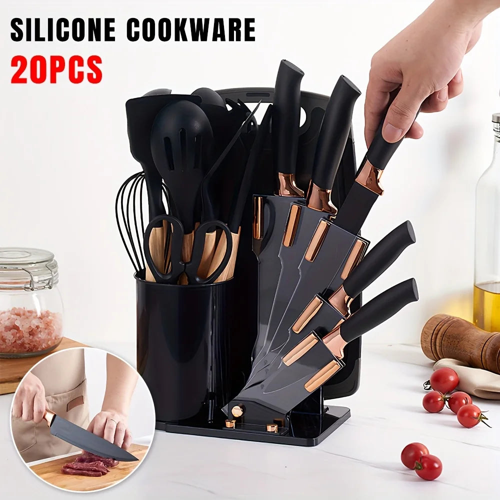 ZENG 20pcs Silicone Utensil Set Non-Stick Heat-Resistant Cooking Kitchenware Chef Knife Easy-Clean Safe for Non-Stick Cookware