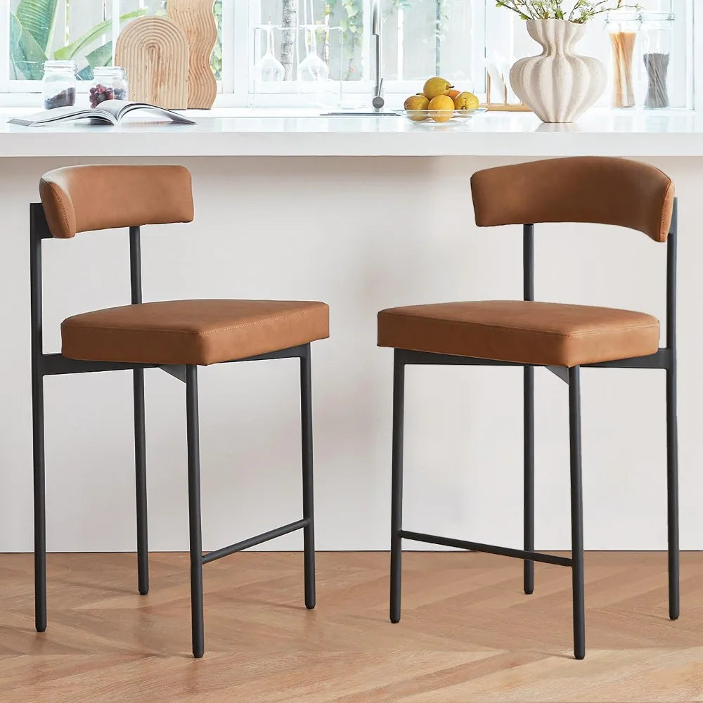 Brown Modern Bar Stools Set of 2, 24 Inch Faux Leather Counter Stools with Curved Backrest, Counter Height Bar Stool, Customized