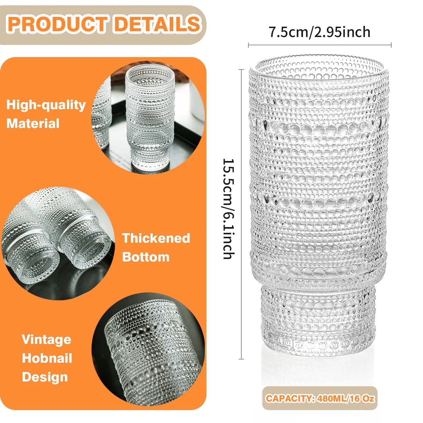 12PCS Hobnail Drinking Glasses Old Fashioned Glasses 16 Oz Highball & Whiskey Bar Glasses For Cocktails Smoothies and Juice