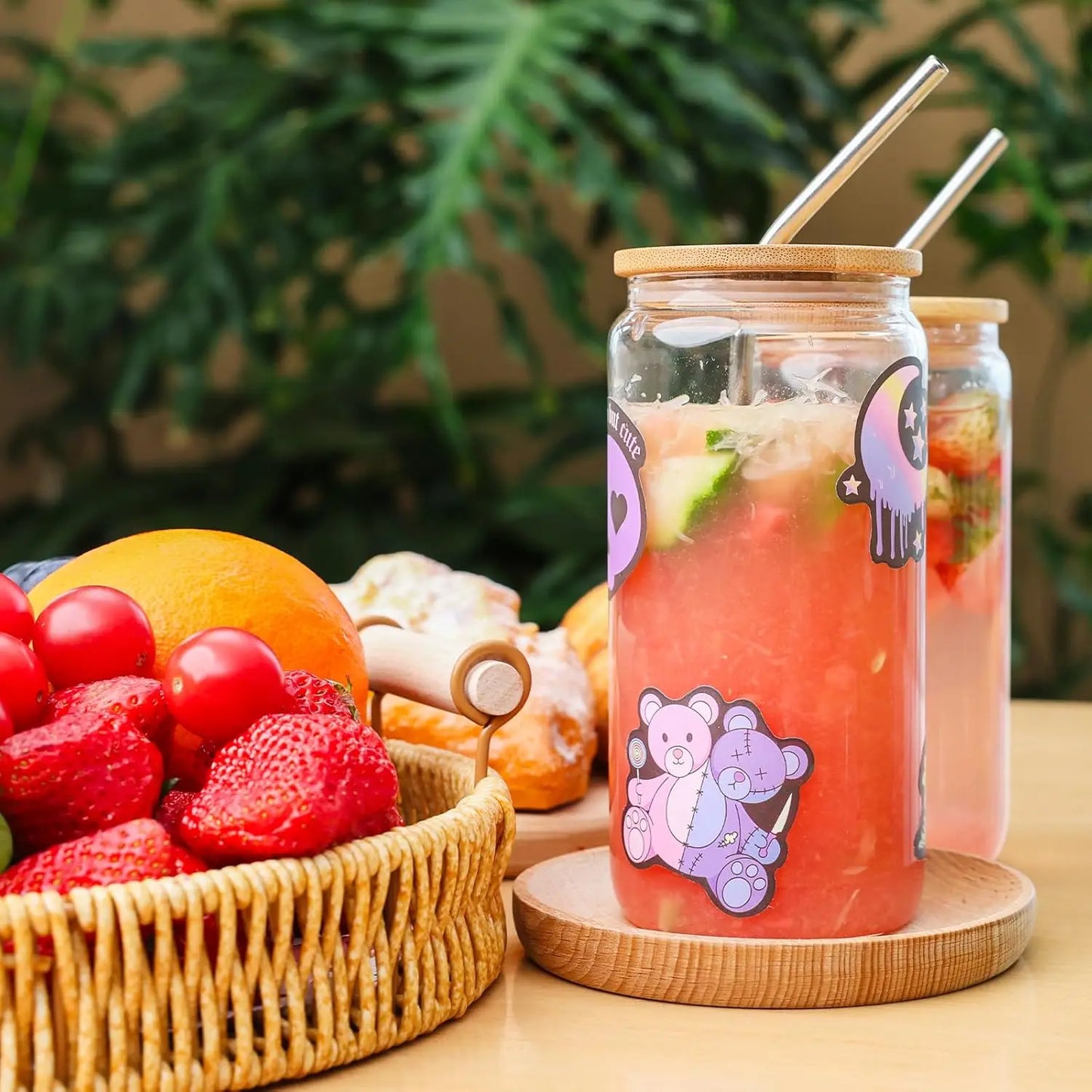 16Pcs Glass Cups with Bamboo Lids & Straws, 16Oz Reusable Tumblers for Coffee, Tea, Juice - Ideal Gift Set