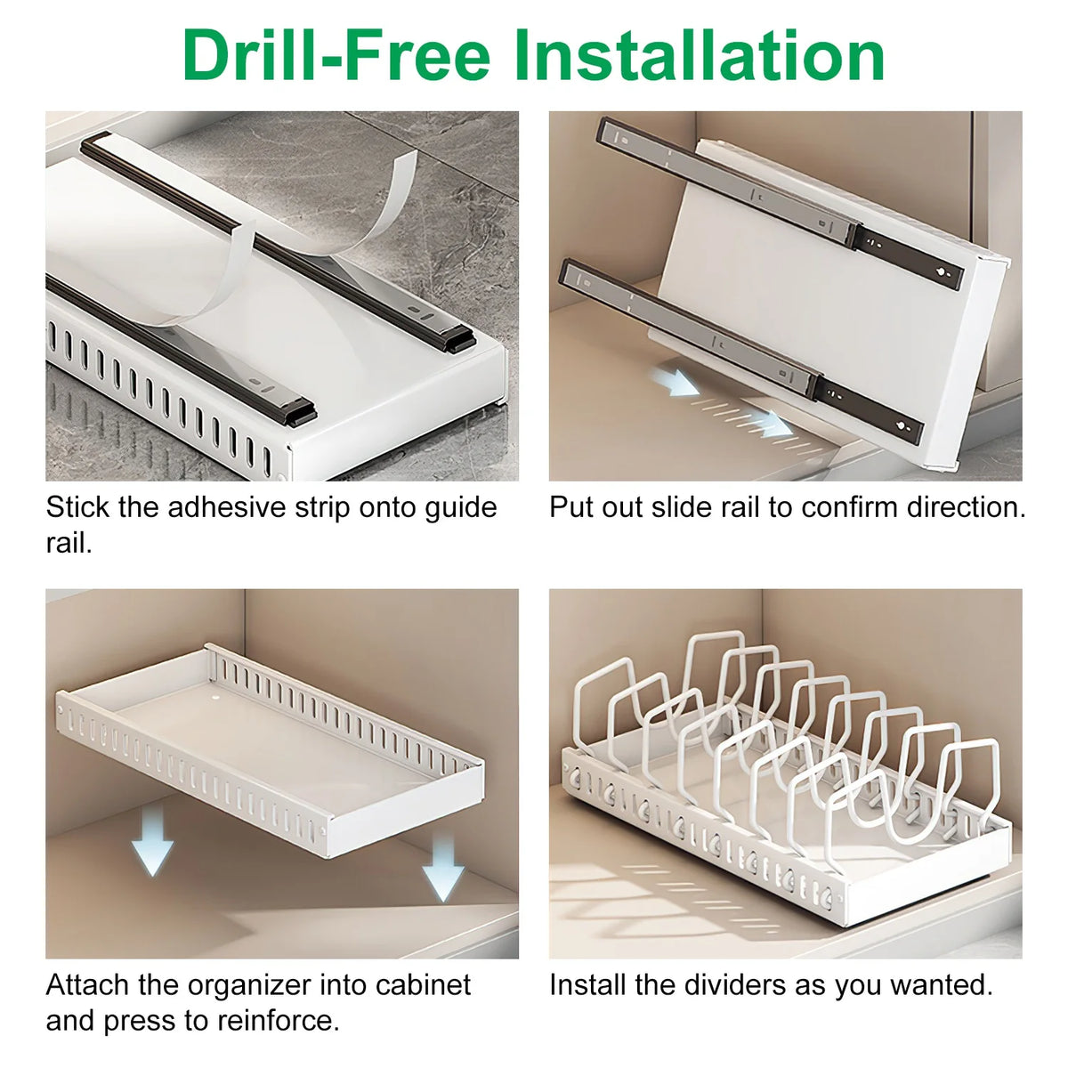 Adjustable Carbon Steel Sliding Cookware Storage Rack, Anti-Rust Pull Out Pan Lid Holder for Cutting Boards Baking Sheets Bakeware-white
