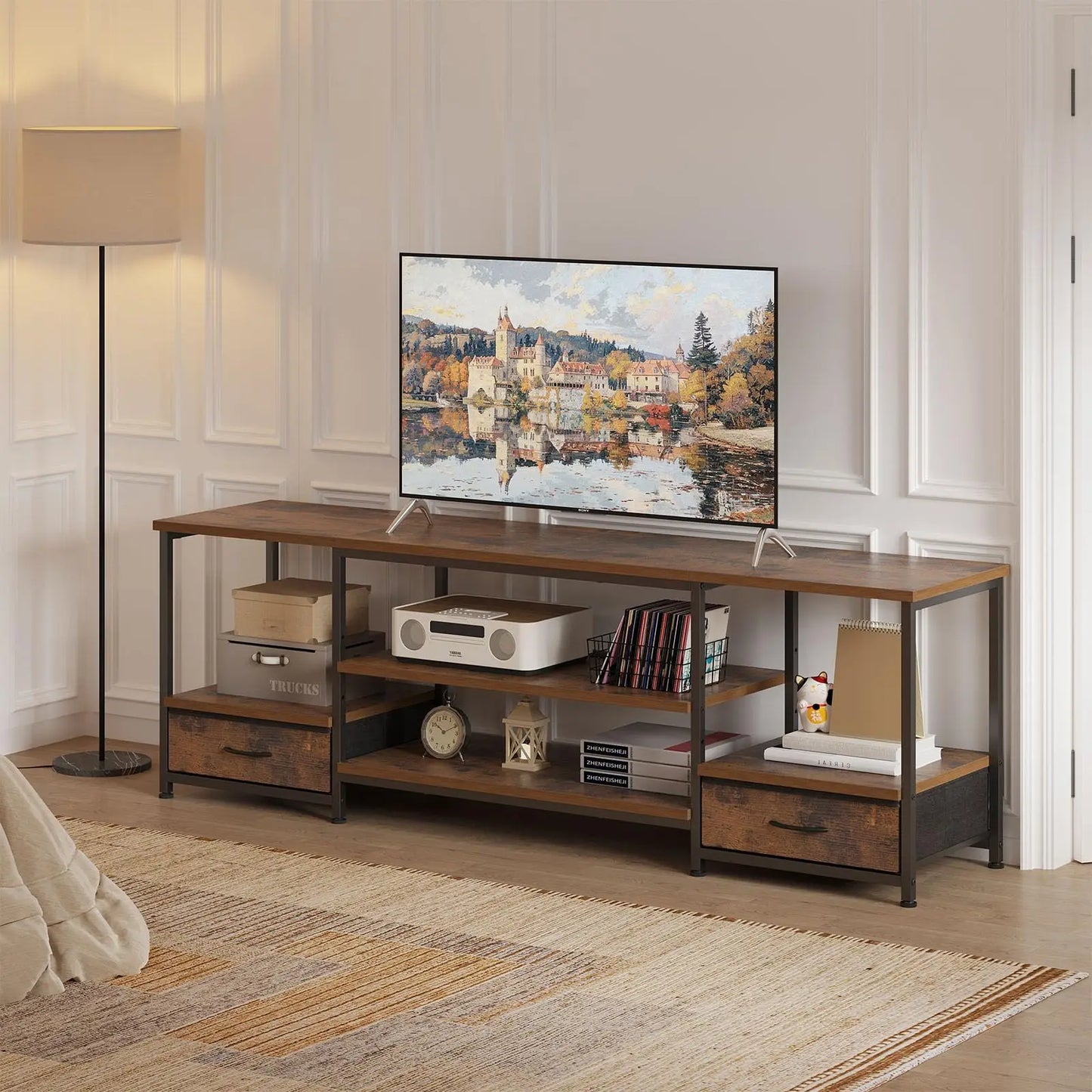 JHK 63IN Wooden Tv Stand For Up To 75 Inch TV Entertainment Center For Living Room Media Console Adjustable Shelf 2 Storage