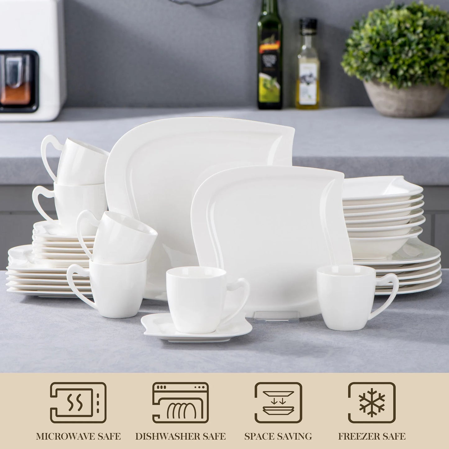 MALACASA 30/60 Piece Porcelain Dinner Set with Cups Saucers Dessert Soup Dinner Plates Tableware Service for 6/12