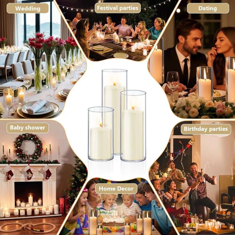 36 PCS Ivory White Pillar Candles with Glass Candle Holders Clear Hurricane Candle Holders Glass Cylinder Vases for Centerpieces