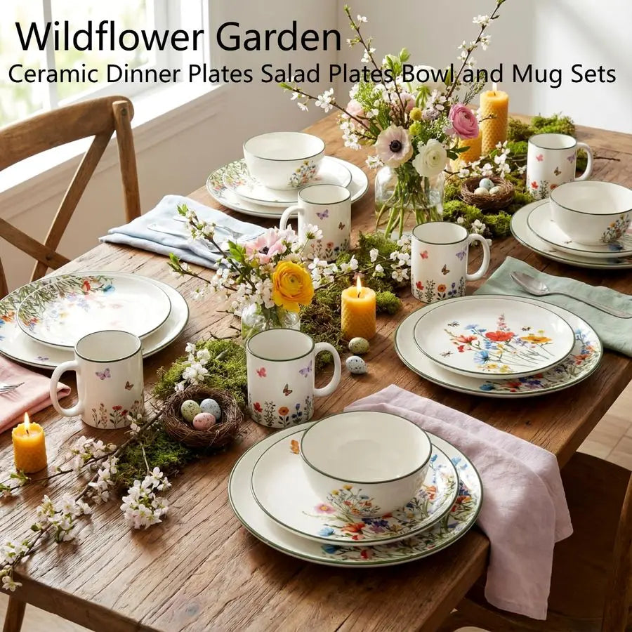16 Pcs Wildflower Ceramic Dinnerware Set for 4 Guest Floral Dish Set Spring Butterfly Dinner Plates Salad Plates Bowl Mug