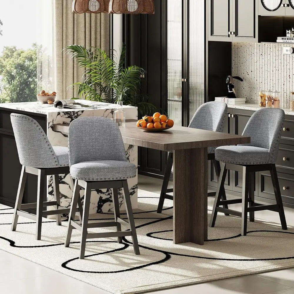 Swivel Bar Stools Set o 2, Upholstered fabric Century Modern Barstools, 26 inch Counter Height Bar Chairs with Solid Back and Wood
