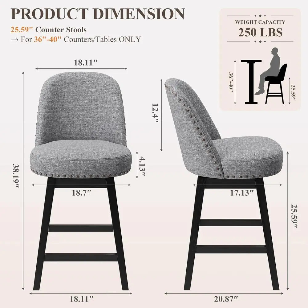 Swivel Bar Stools Set o 2, Upholstered fabric Century Modern Barstools, 26 inch Counter Height Bar Chairs with Solid Back and Wood