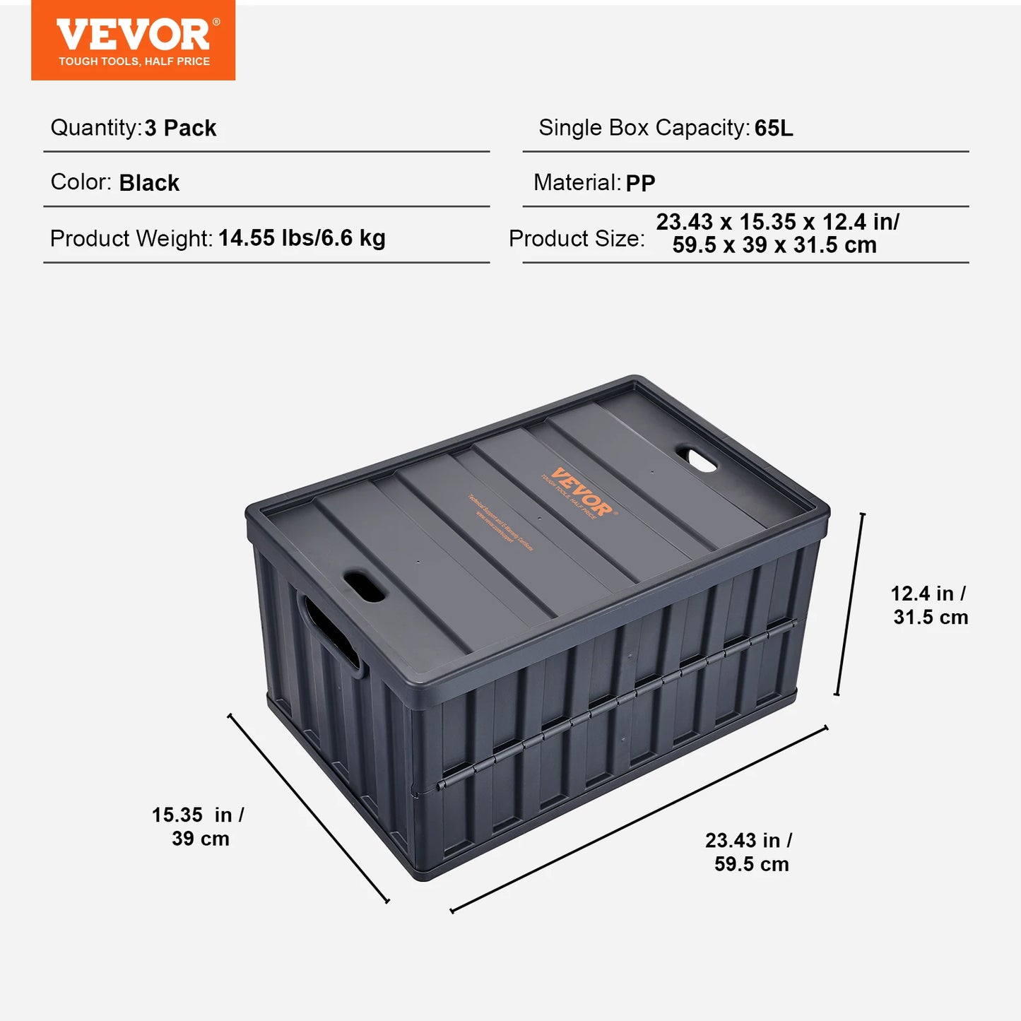Set of 3 45L/65L Collapsible Storage Bins Folding Stackable Utility Garage Crates with Lids for Clothes Snack Grocery