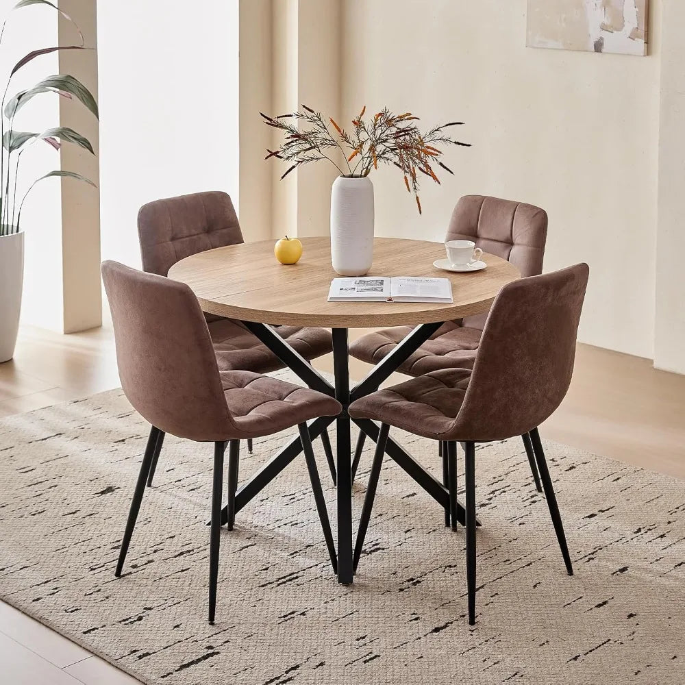 39" Round Dining Table Set for 4, Mid Century Kitchen Table with 4 Faux Leather Dining Chairs, Customized