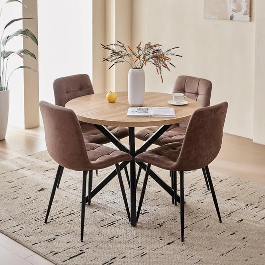 39" Round Dining Table Set for 4, Mid Century Kitchen Table with 4 Faux Leather Dining Chairs, Customized