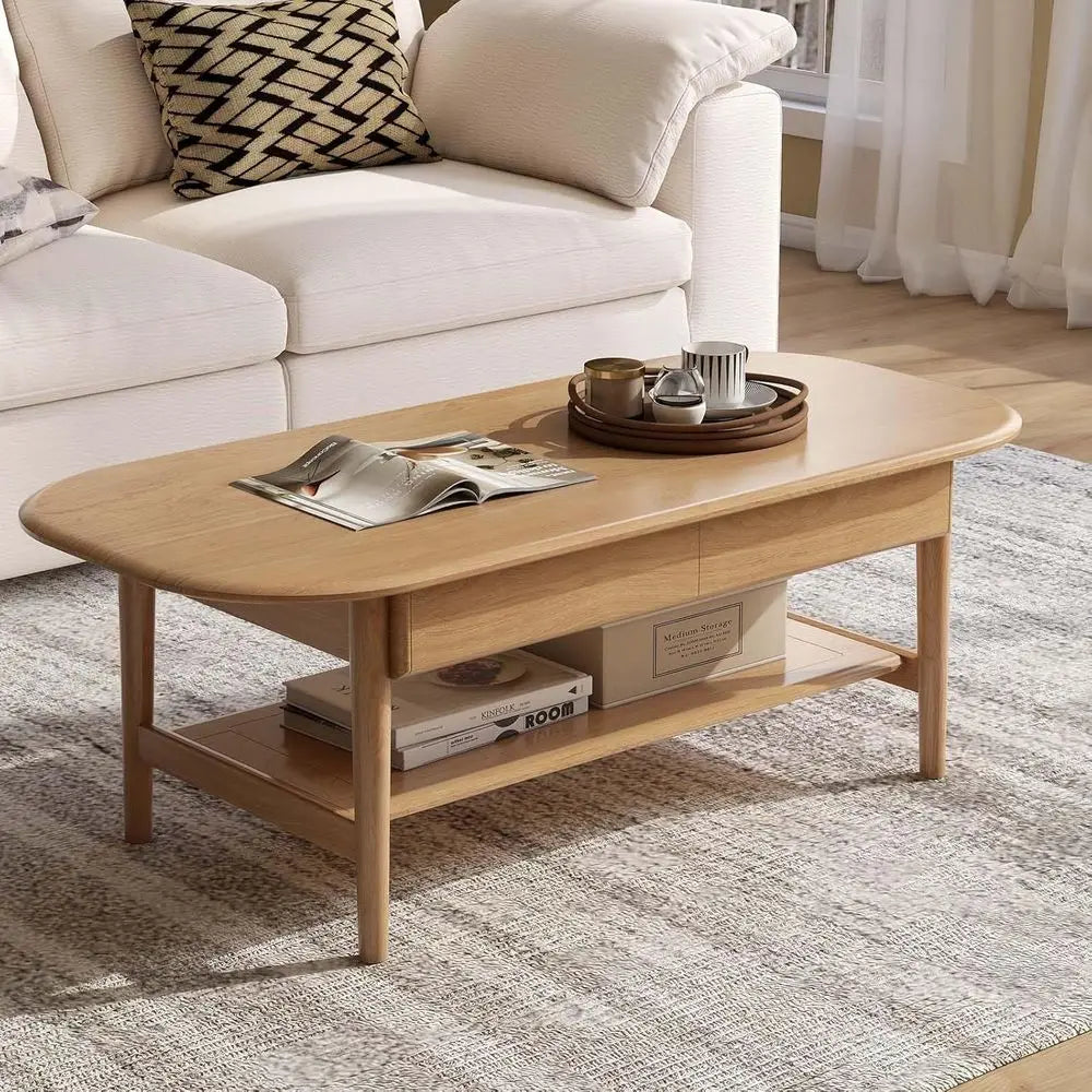 100% Solid Wood Coffee Table or Living Room, 2-Tier Living Room Table with 2 Drawers and Shelf Storage,