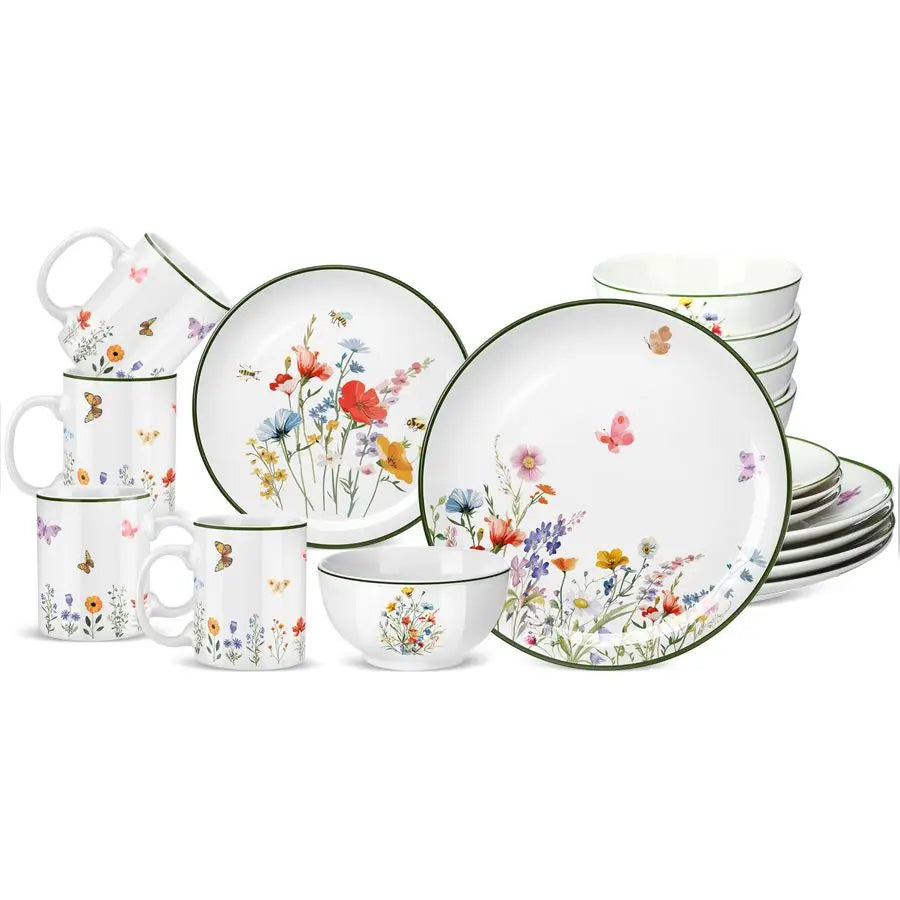 16 Pcs Wildflower Ceramic Dinnerware Set for 4 Guest Floral Dish Set Spring Butterfly Dinner Plates Salad Plates Bowl Mug
