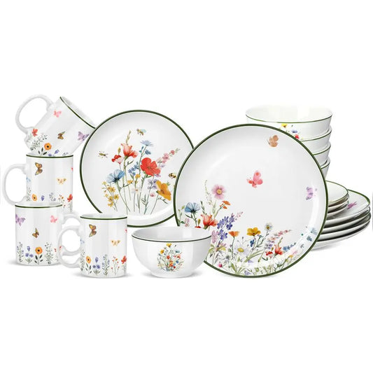 16 Pcs Wildflower Ceramic Dinnerware Set for 4 Guest Floral Dish Set Spring Butterfly Dinner Plates Salad Plates Bowl Mug