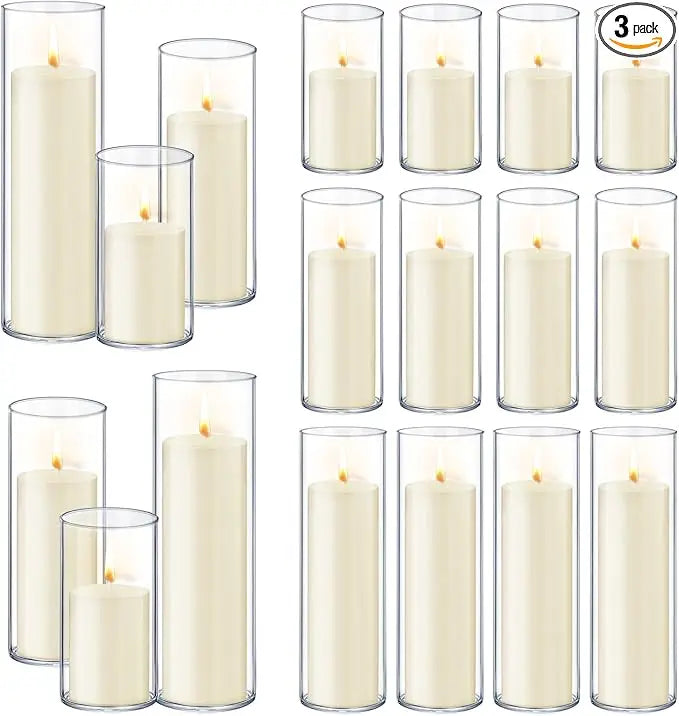 36 PCS Ivory White Pillar Candles with Glass Candle Holders Clear Hurricane Candle Holders Glass Cylinder Vases for Centerpieces