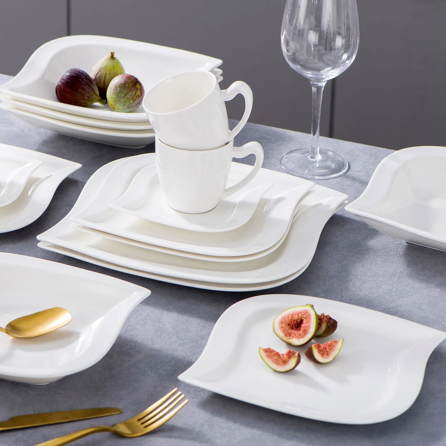 MALACASA 30/60 Piece Porcelain Dinner Set with Cups Saucers Dessert Soup Dinner Plates Tableware Service for 6/12