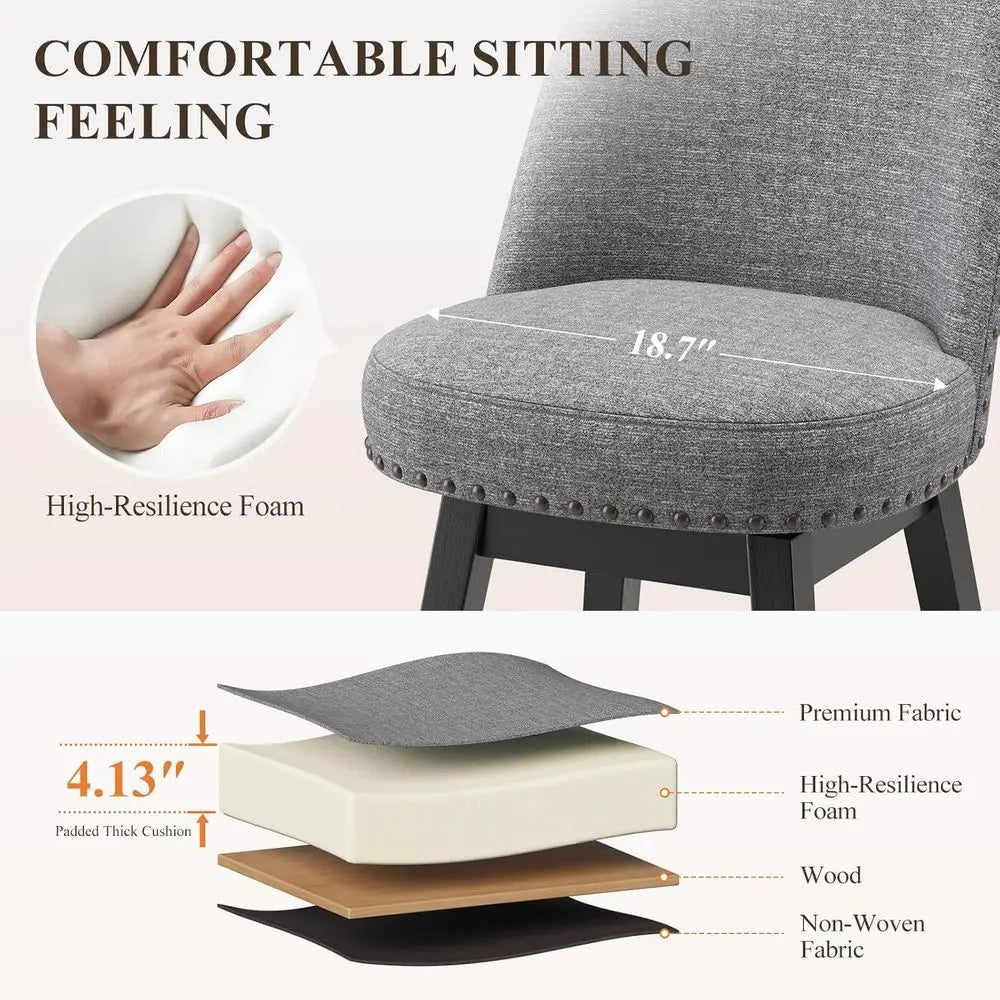 Swivel Bar Stools Set o 2, Upholstered fabric Century Modern Barstools, 26 inch Counter Height Bar Chairs with Solid Back and Wood