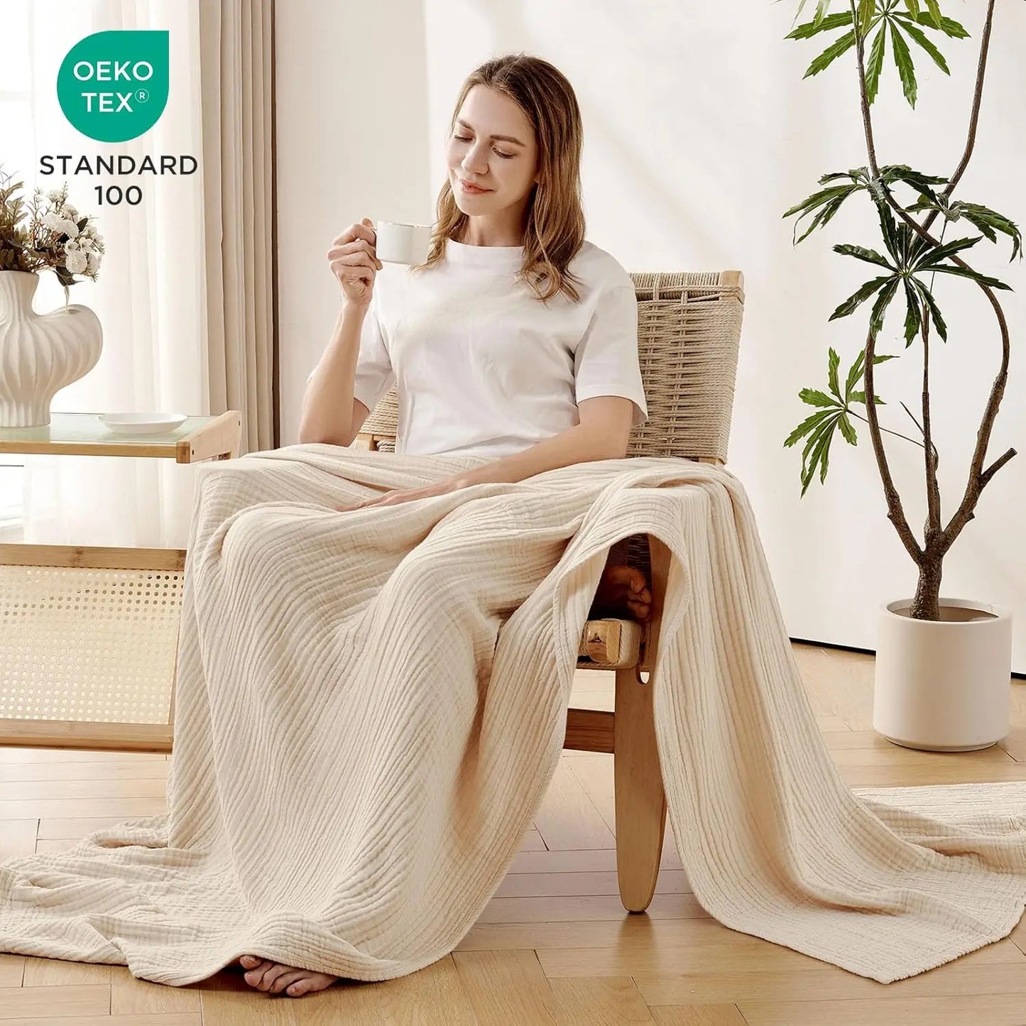 100% Cotton Muslin Throw Blanket for Couch, Bed, Sofa - Lightweight, Breathable, All-Season Luxury Gift in Light Tan