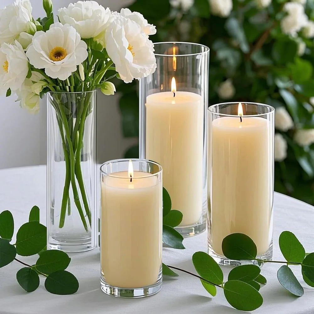 36 PCS Ivory White Pillar Candles with Glass Candle Holders Clear Hurricane Candle Holders Glass Cylinder Vases for Centerpieces
