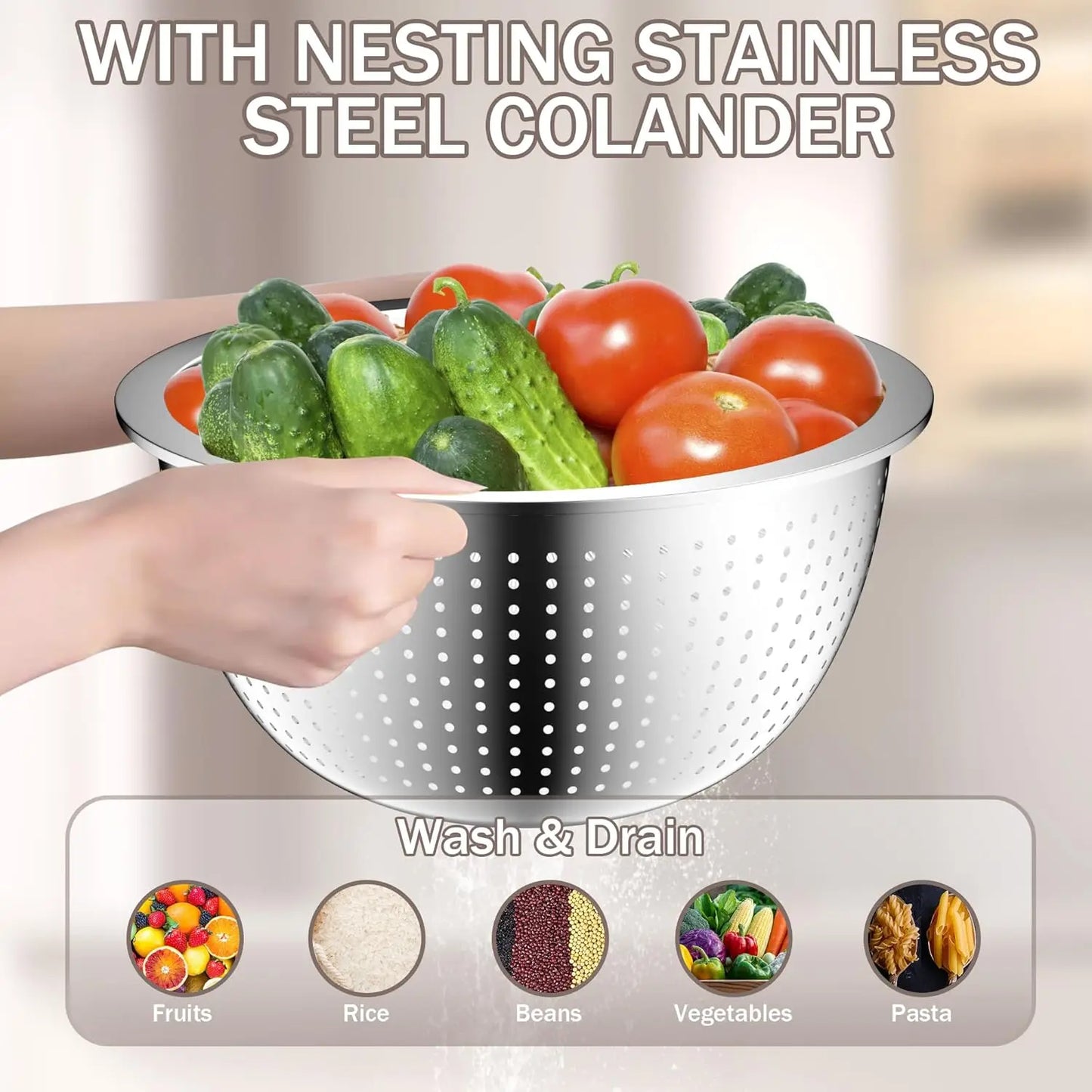 Stainless Steel Mixing Bowls with Lids, Stackable Set Includes Strainer, 5-Piece Beige Kitchenware