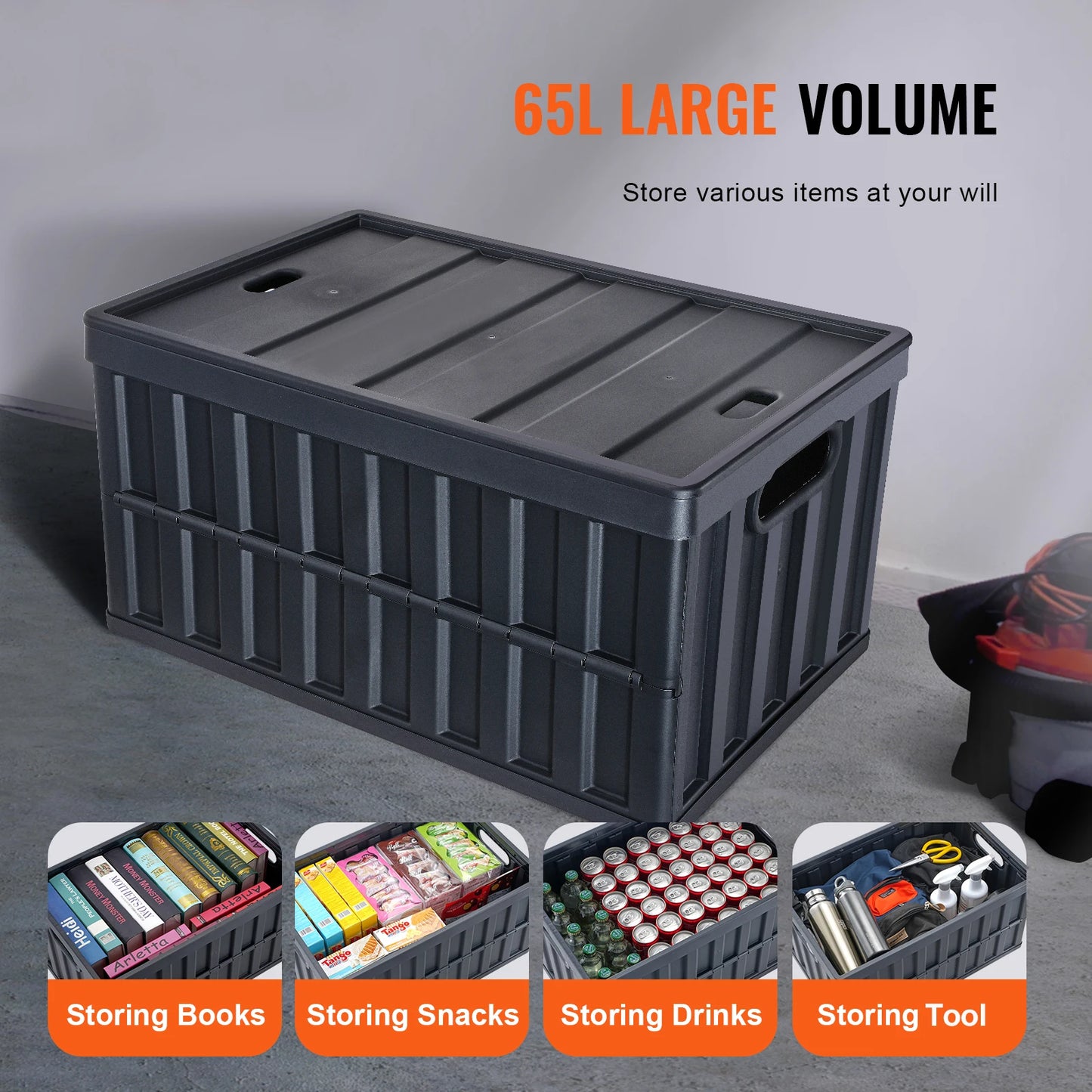 Set of 3 45L/65L Collapsible Storage Bins Folding Stackable Utility Garage Crates with Lids for Clothes Snack Grocery