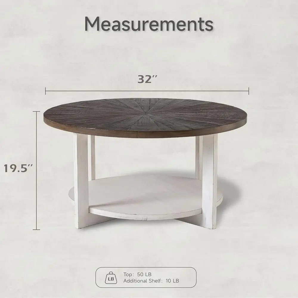 Rustic farmhouse Coffee Table with Distressed Wood Top, Large Circle Table, Brown,