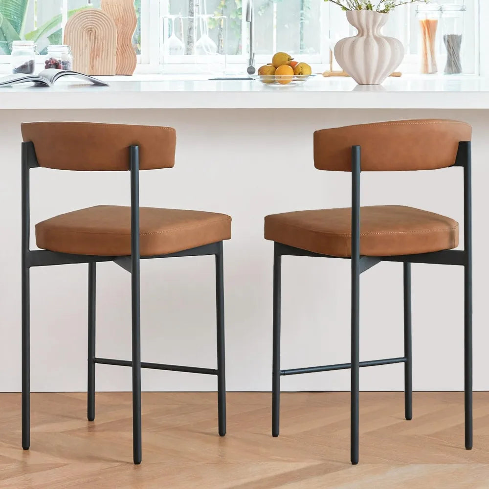 Brown Modern Bar Stools Set of 2, 24 Inch Faux Leather Counter Stools with Curved Backrest, Counter Height Bar Stool, Customized