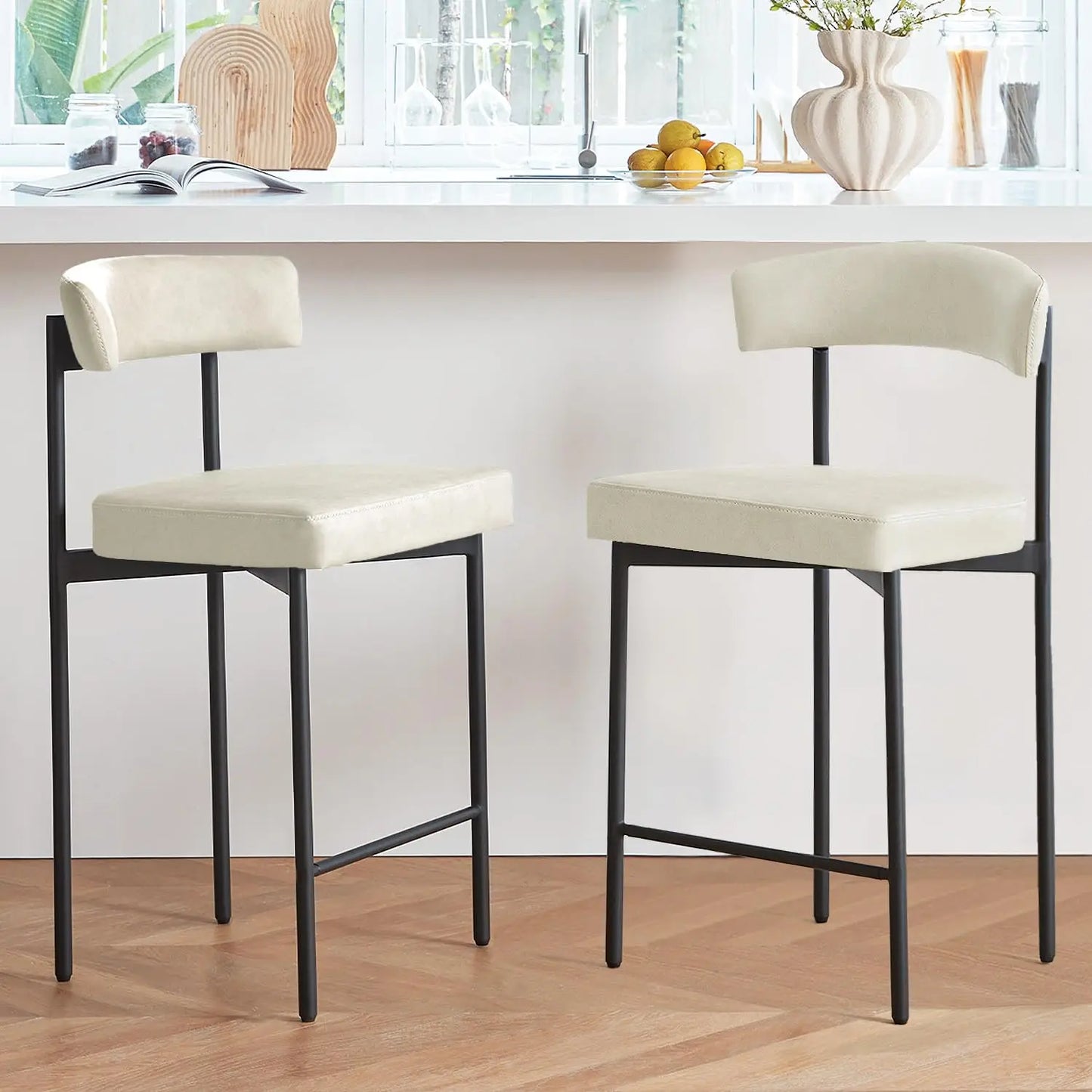 Brown Modern Bar Stools Set of 2, 24 Inch Faux Leather Counter Stools with Curved Backrest, Counter Height Bar Stool, Customized