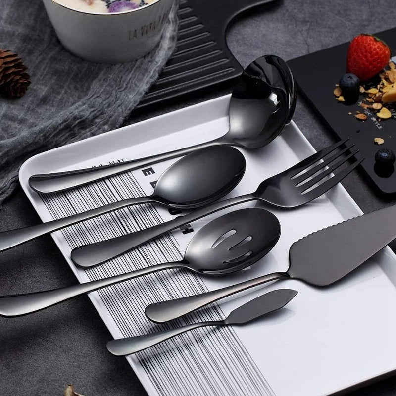 6-Piece Serving Flatware Silverware Set, Serving Utensil Set,Include Cake Server, Slotted Serving Spoon